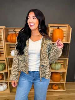 Leopard Print Corduroy Contrast Jacket - Khaki/Taupe - Lace and Grace Boutique