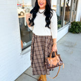 Plaid Printed Jagged Hem Midi Skirt - Brown