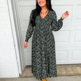 Smocked Button Detail Floral Print Maxi Dress - Dark Green