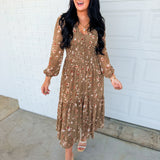 Romantic Floral Smocked Button Down Maxi Dress - Dusted Olive