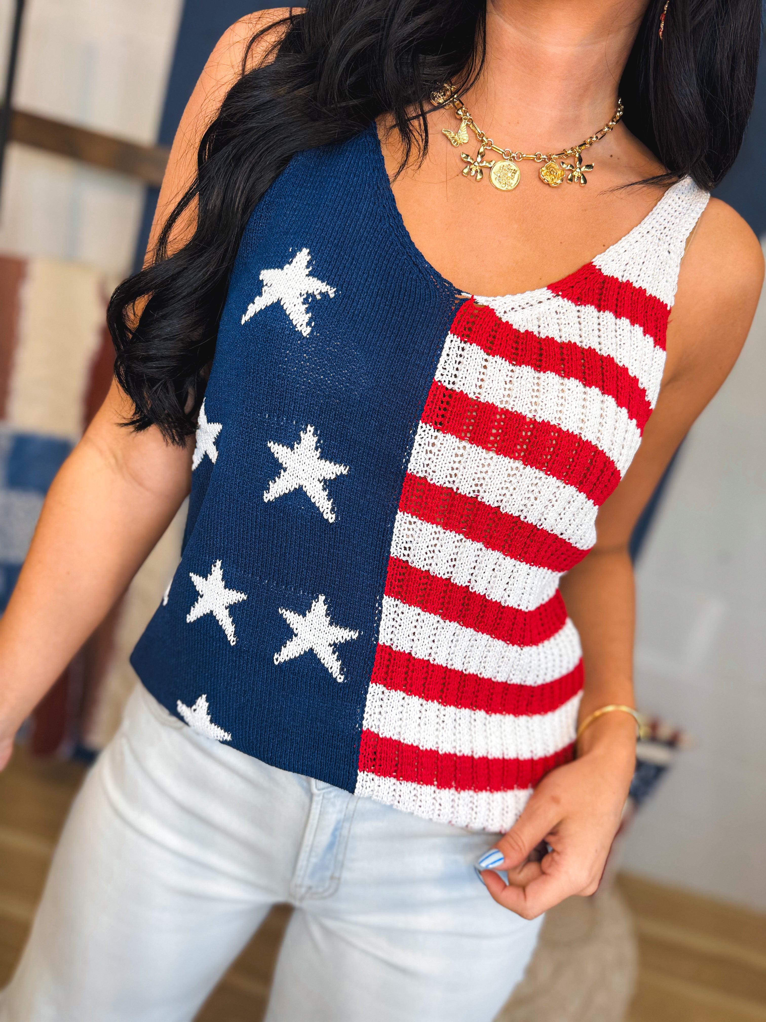 Fourth Of July Knit Tank Top - American Flag - Lace and Grace Boutique