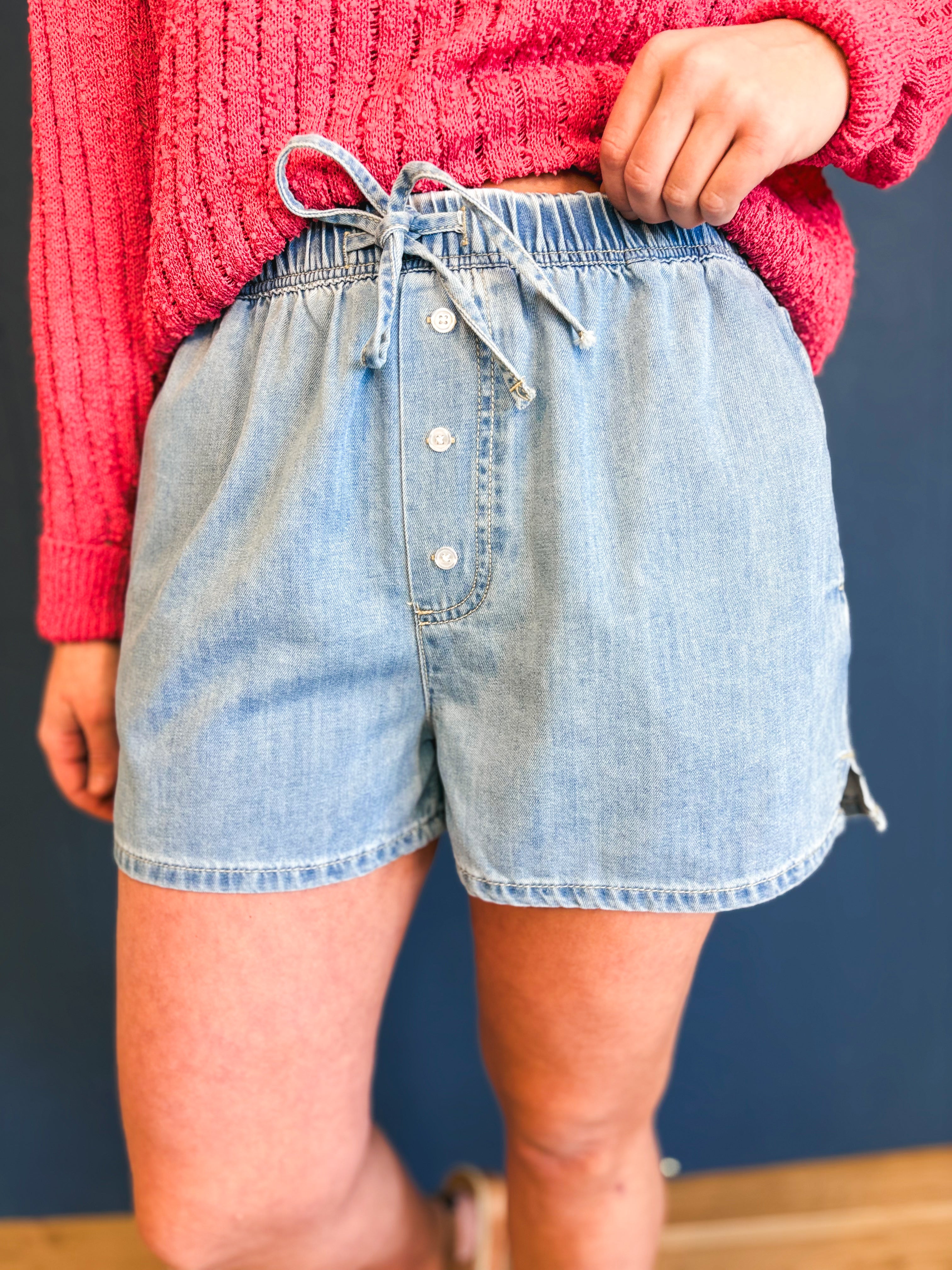 Button Front Drawstring Denim Shorts - Lace and Grace Boutique