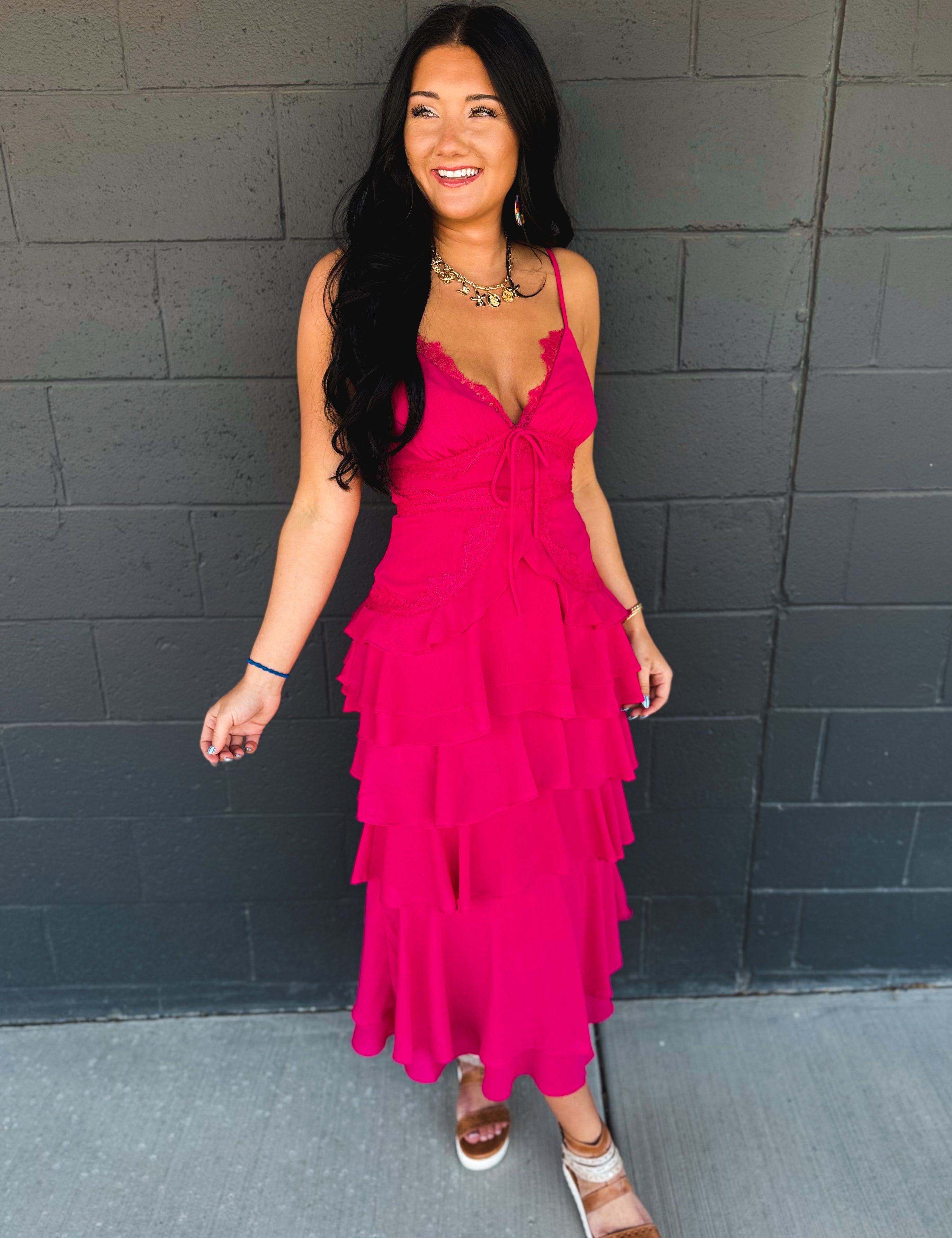 Lace Trim Tiered Midi Dress - Hot Pink - Lace and Grace Boutique