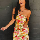 Strapless Bias Cut Satin Maxi Dress - Garden Multi - Lace and Grace Boutique
