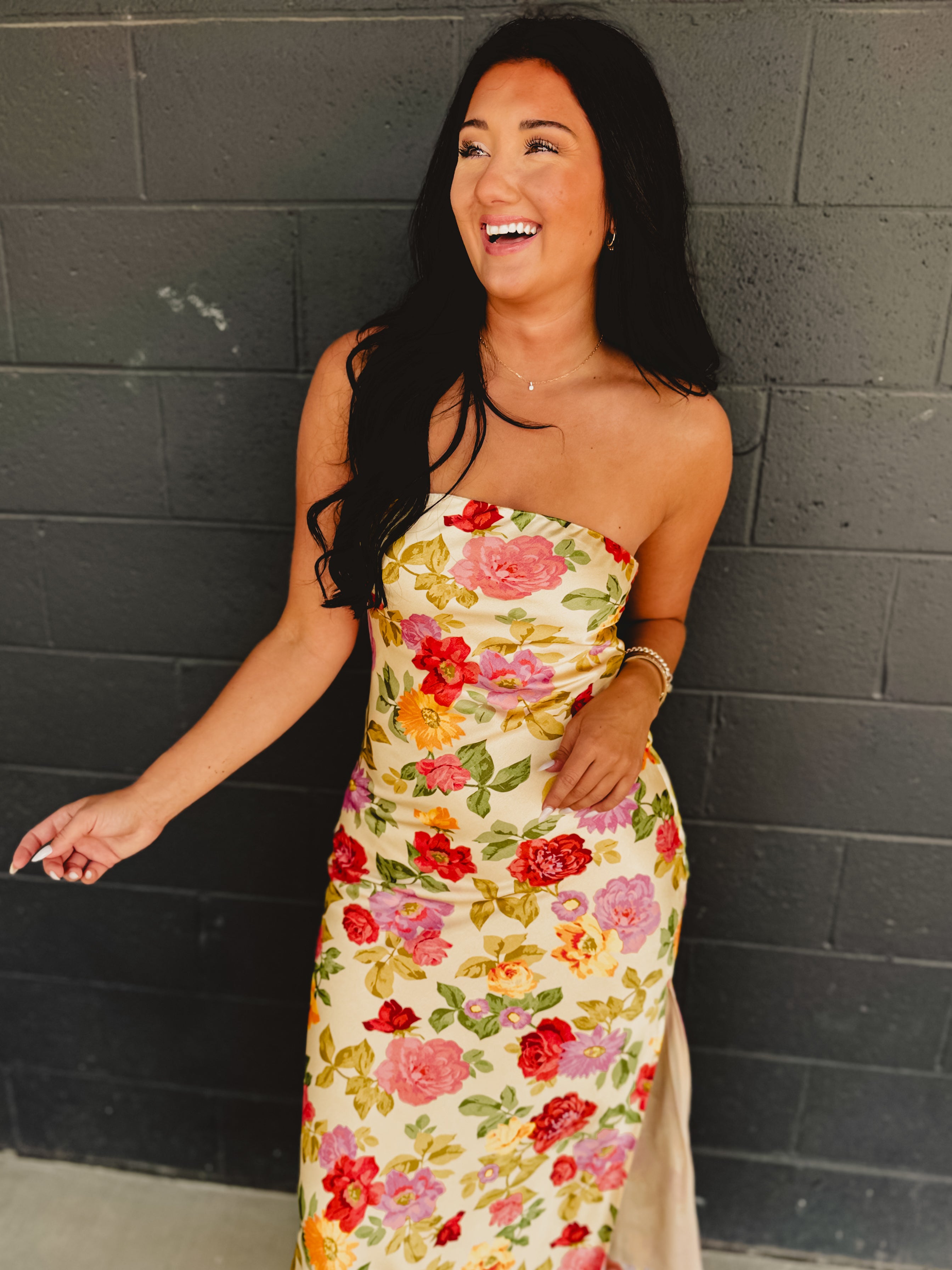 Strapless Bias Cut Satin Maxi Dress - Garden Multi - Lace and Grace Boutique