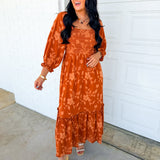 Textured Floral Smocked Maxi Dress - Burnt Orange