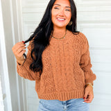 POL Cable Knit Balloon Sleeve Pullover Sweater - Burnt Topaz