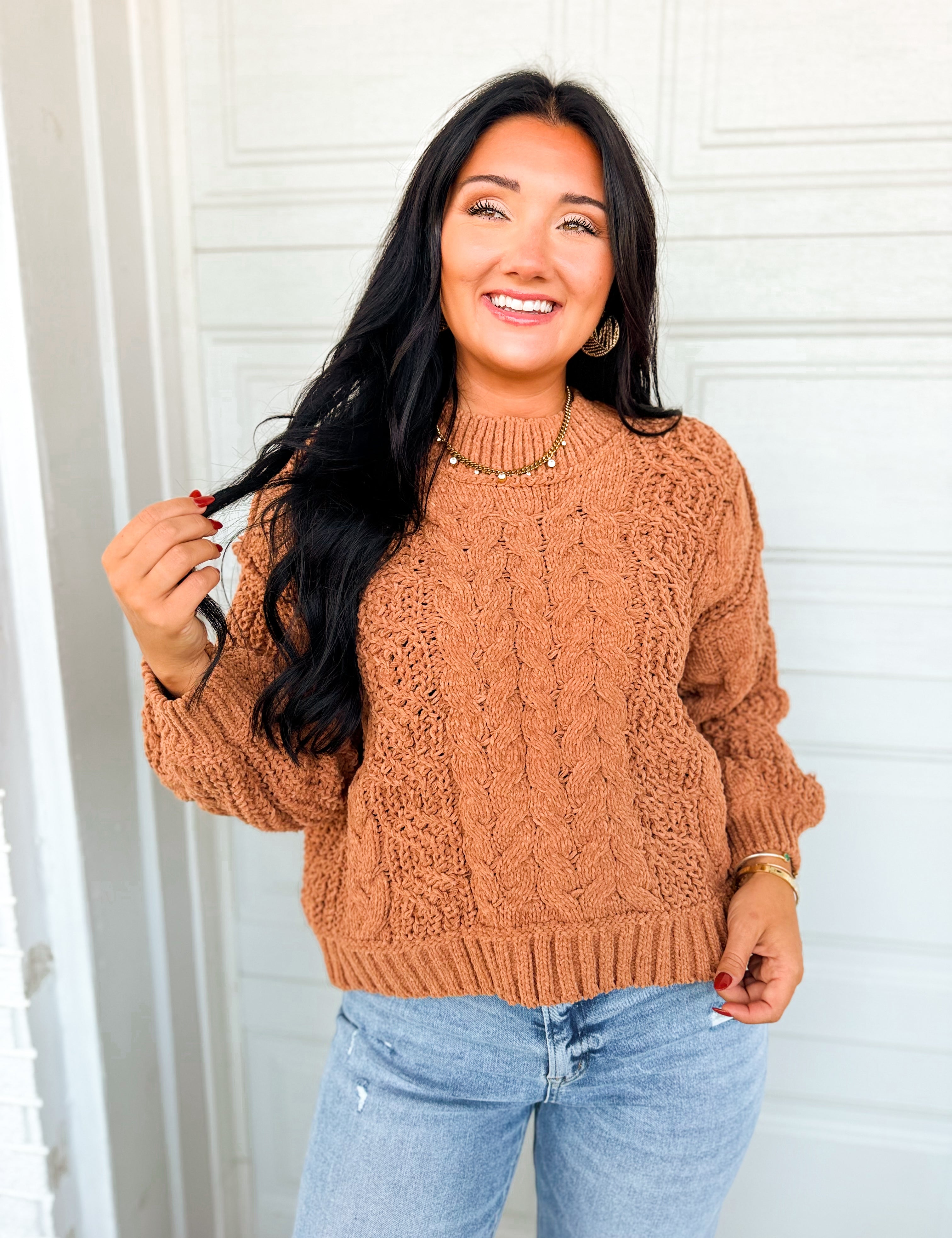 POL Cable Knit Balloon Sleeve Pullover Sweater - Burnt Topaz - Lace and Grace Boutique