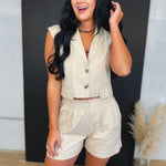 Button Up Vest & Pleated Shorts Set - Natural - Lace and Grace Boutique
