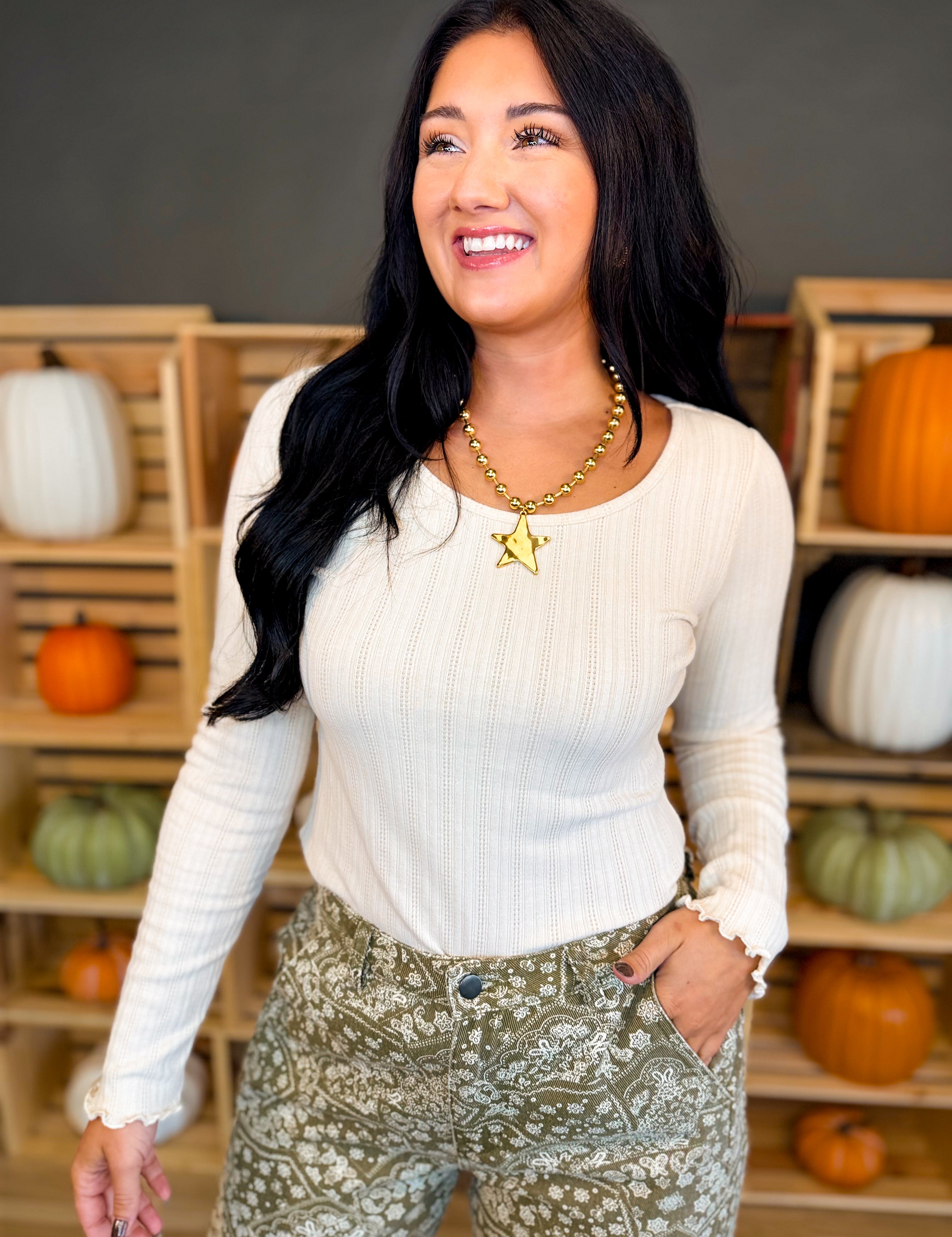 Textured Ribbed Long Sleeve Top - Ecru - Lace and Grace Boutique