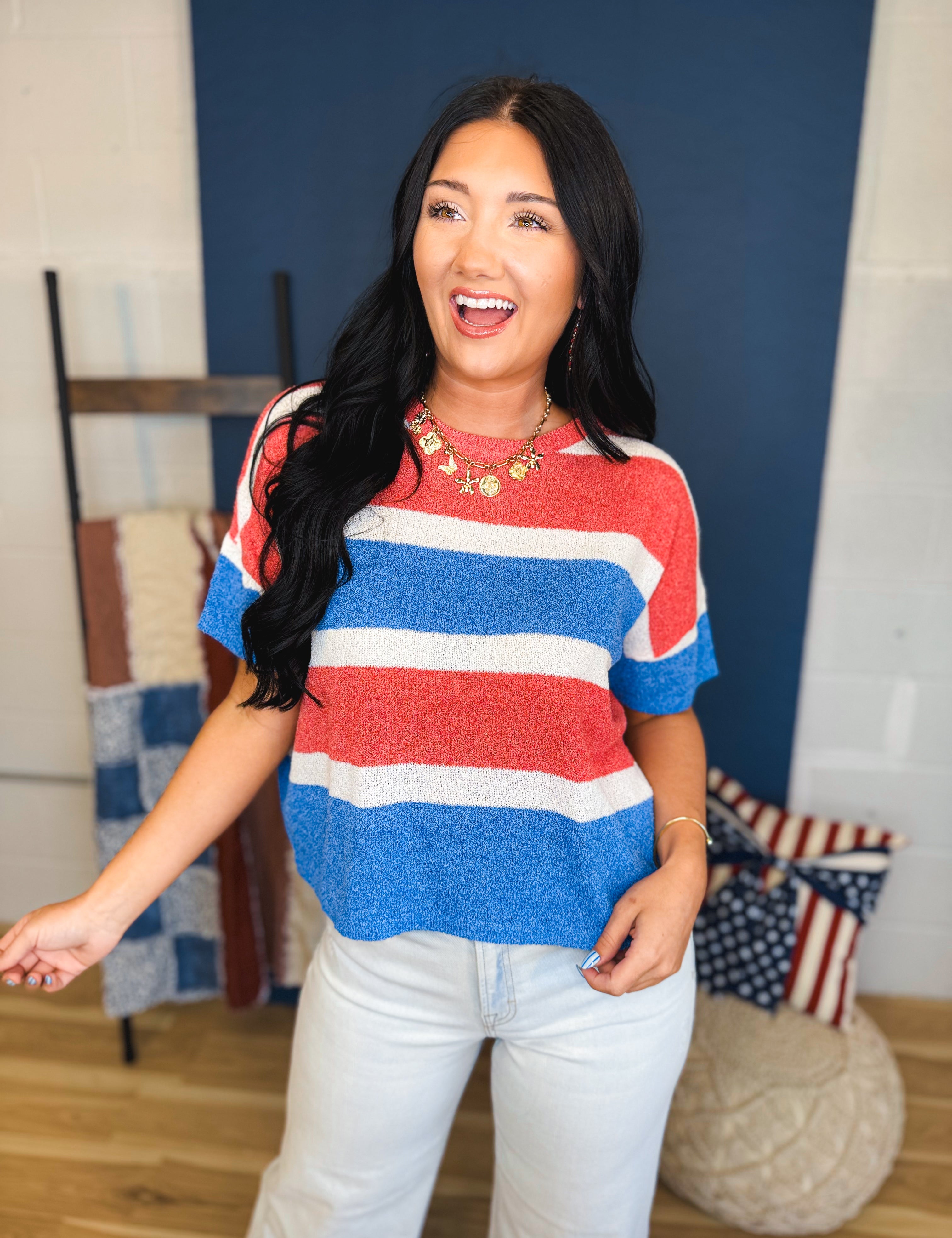 Striped Color Block Crop Blouse - Red/White/Blue - Lace and Grace Boutique