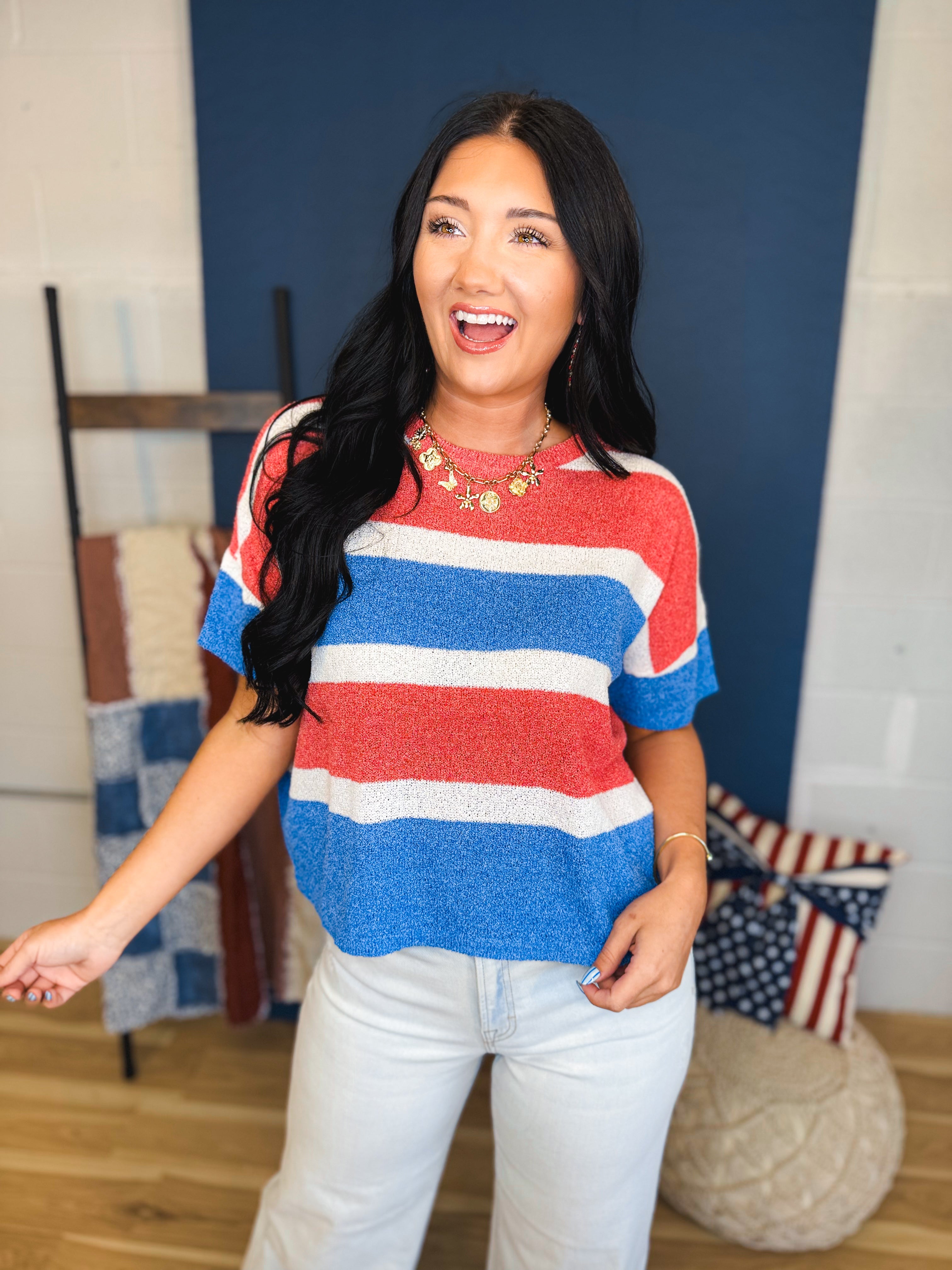 Striped Color Block Crop Blouse - Red/White/Blue - Lace and Grace Boutique