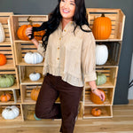 Striped Button Up Ruffle Hem Top - Taupe - Lace and Grace Boutique
