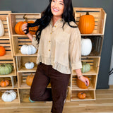 Striped Button Up Ruffle Hem Top - Taupe - Lace and Grace Boutique