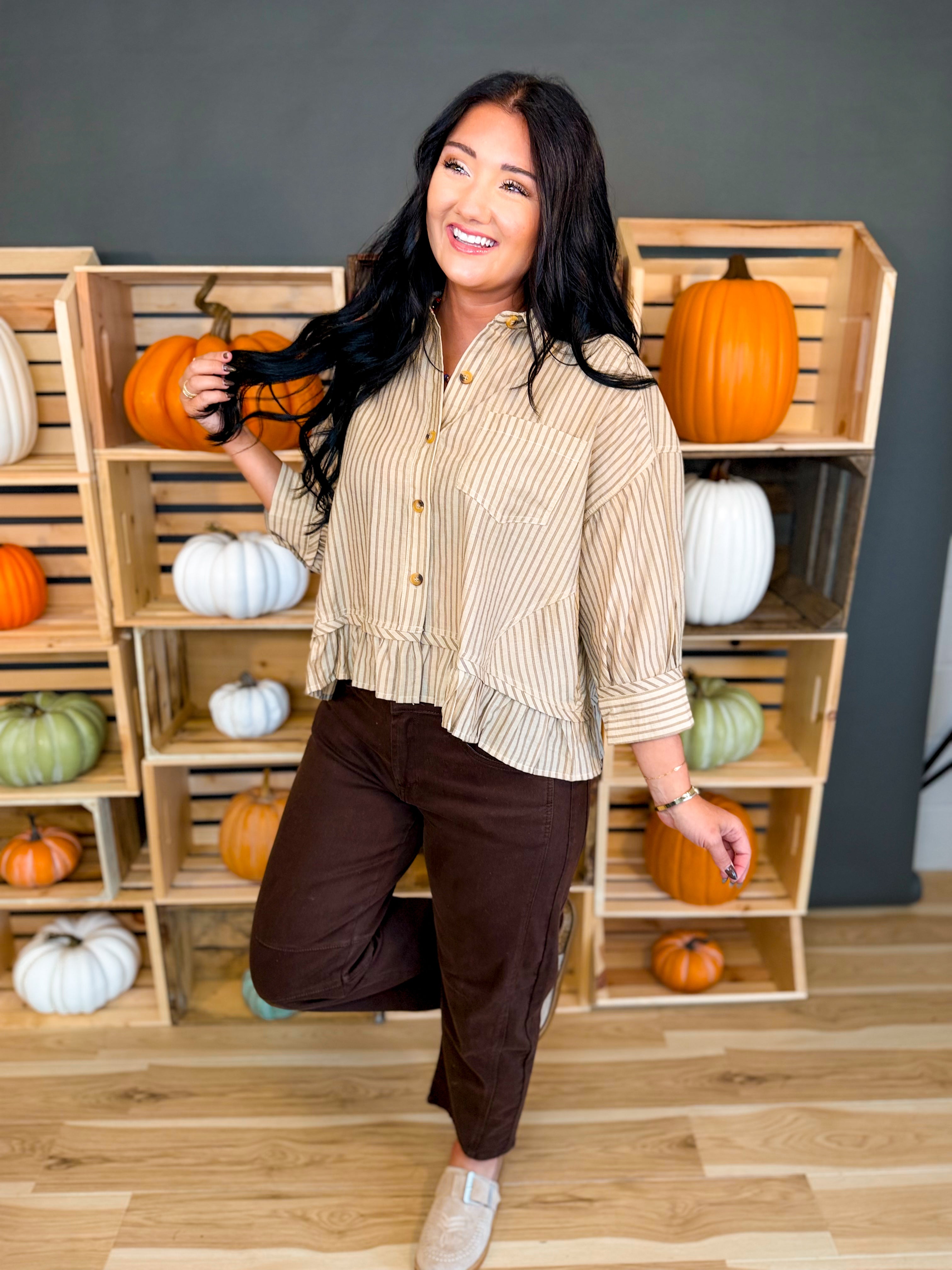 Striped Button Up Ruffle Hem Top - Taupe - Lace and Grace Boutique