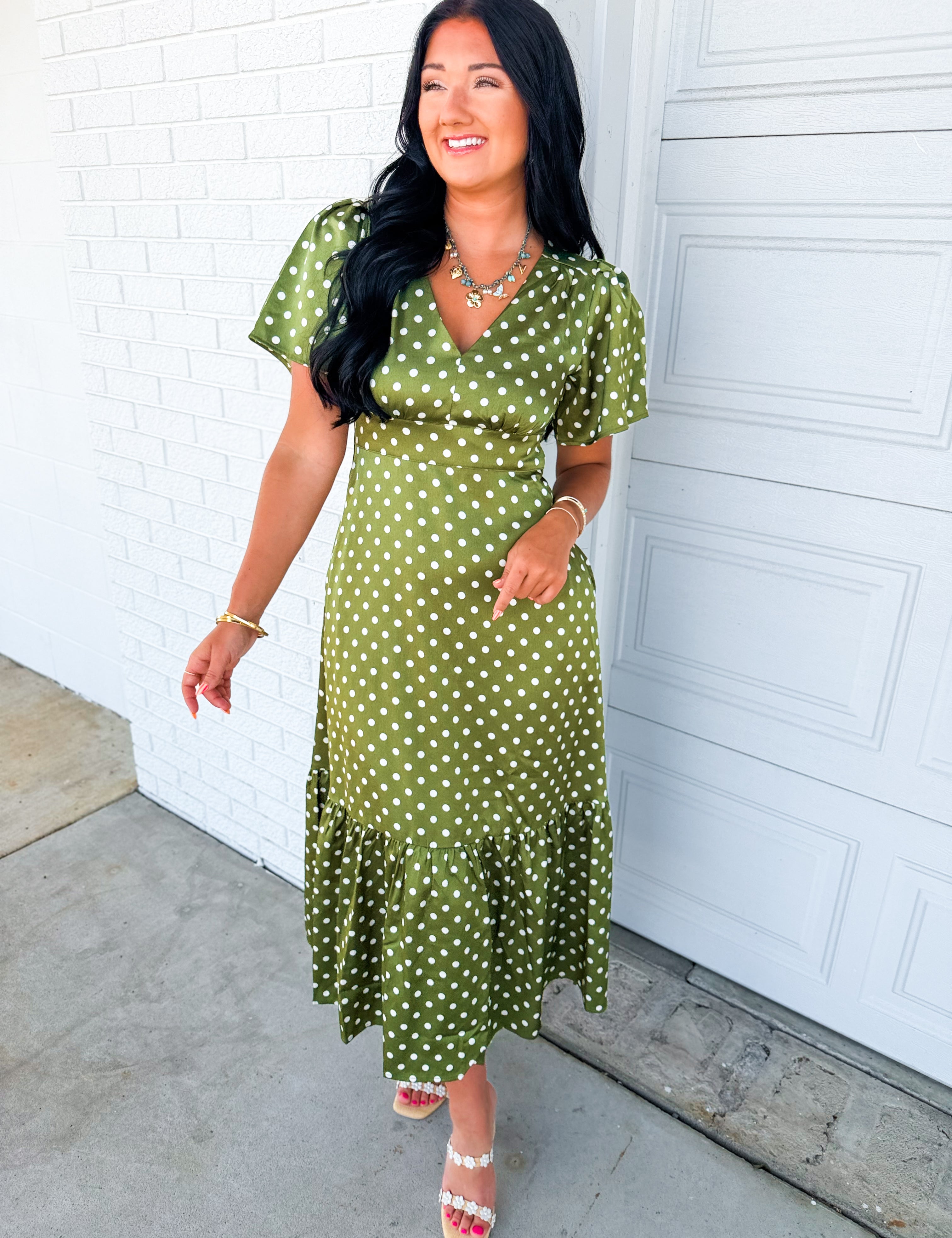 Polka Dot Flutter Sleeve Maxi Dress - Olive - Lace and Grace Boutique