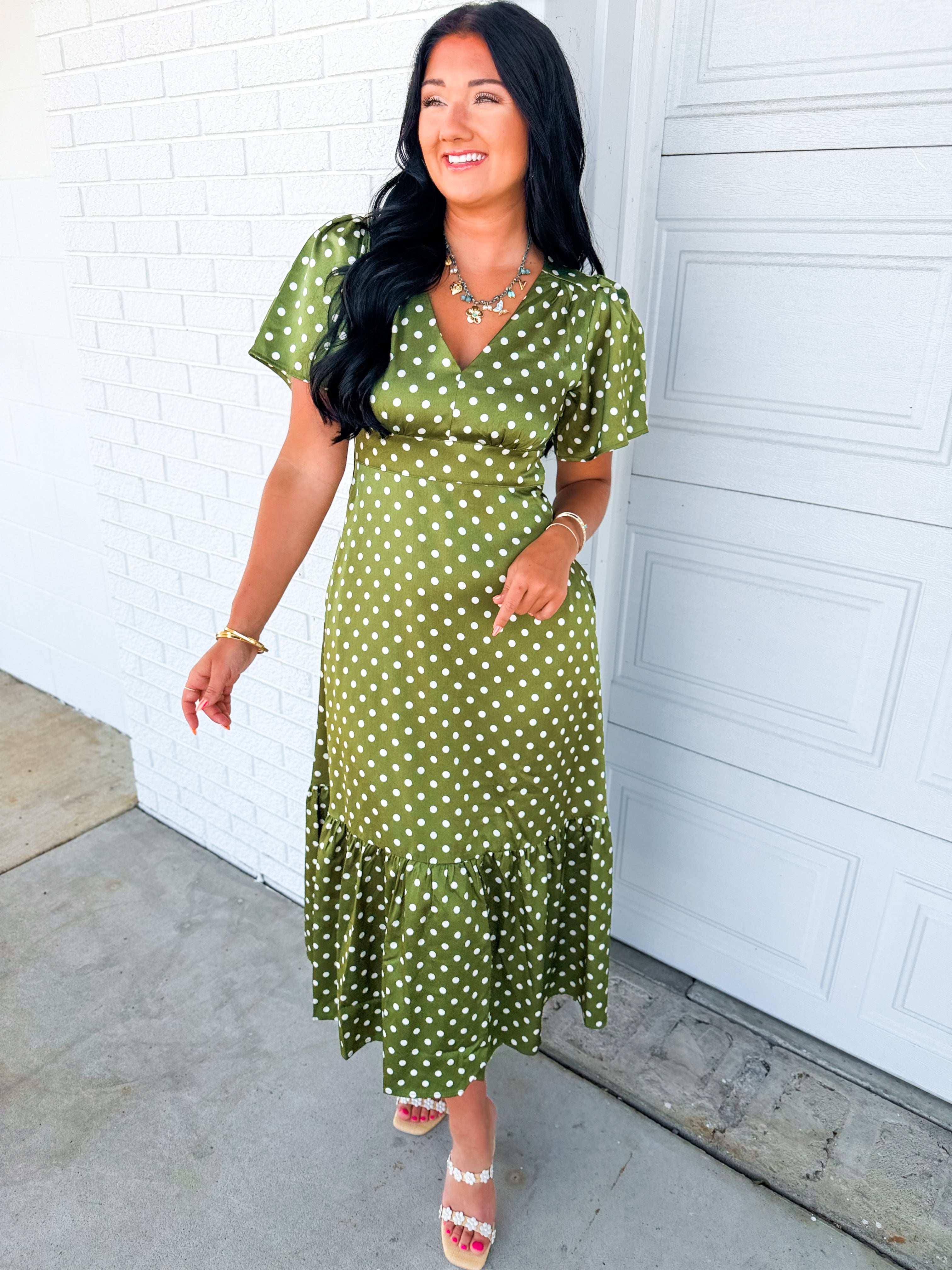 Polka Dot Flutter Sleeve Maxi Dress - Olive - Lace and Grace Boutique
