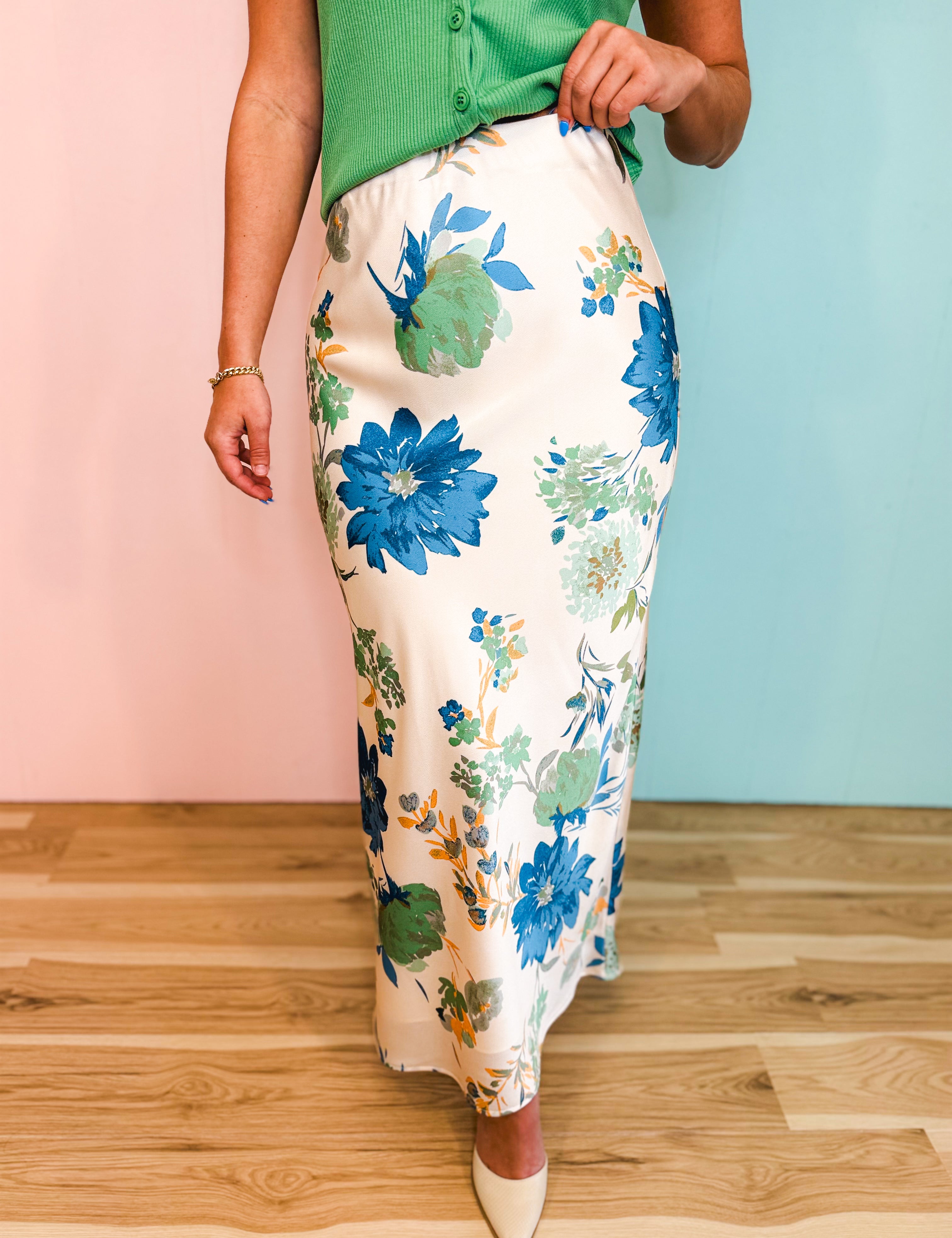 Textured Floral Print Bias-Cut Maxi Skirt - Cream - Lace and Grace Boutique