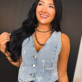 Star Printed Button Front Denim Vest - Denim Blue - Lace and Grace Boutique