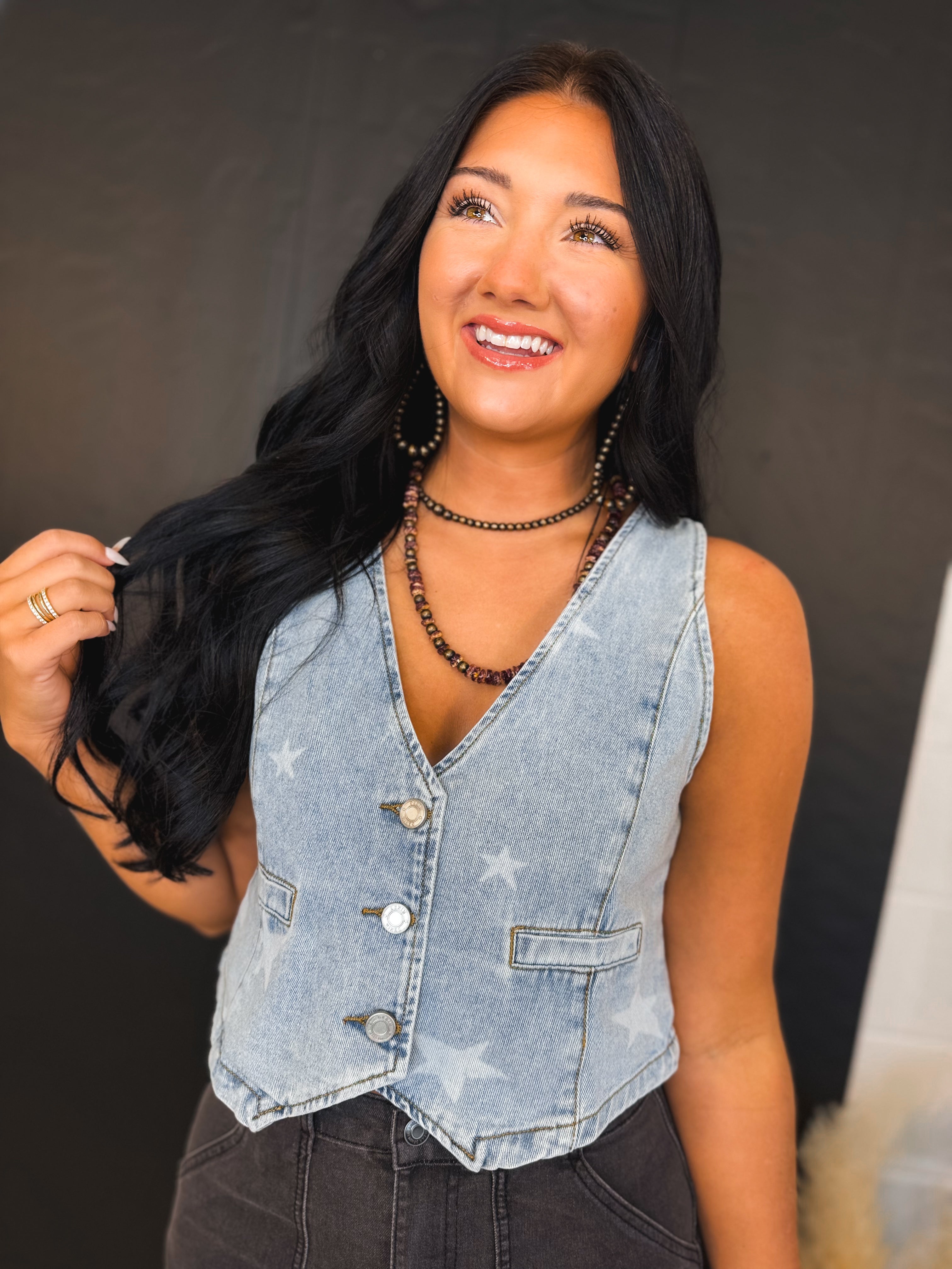 Star Printed Button Front Denim Vest - Denim Blue - Lace and Grace Boutique