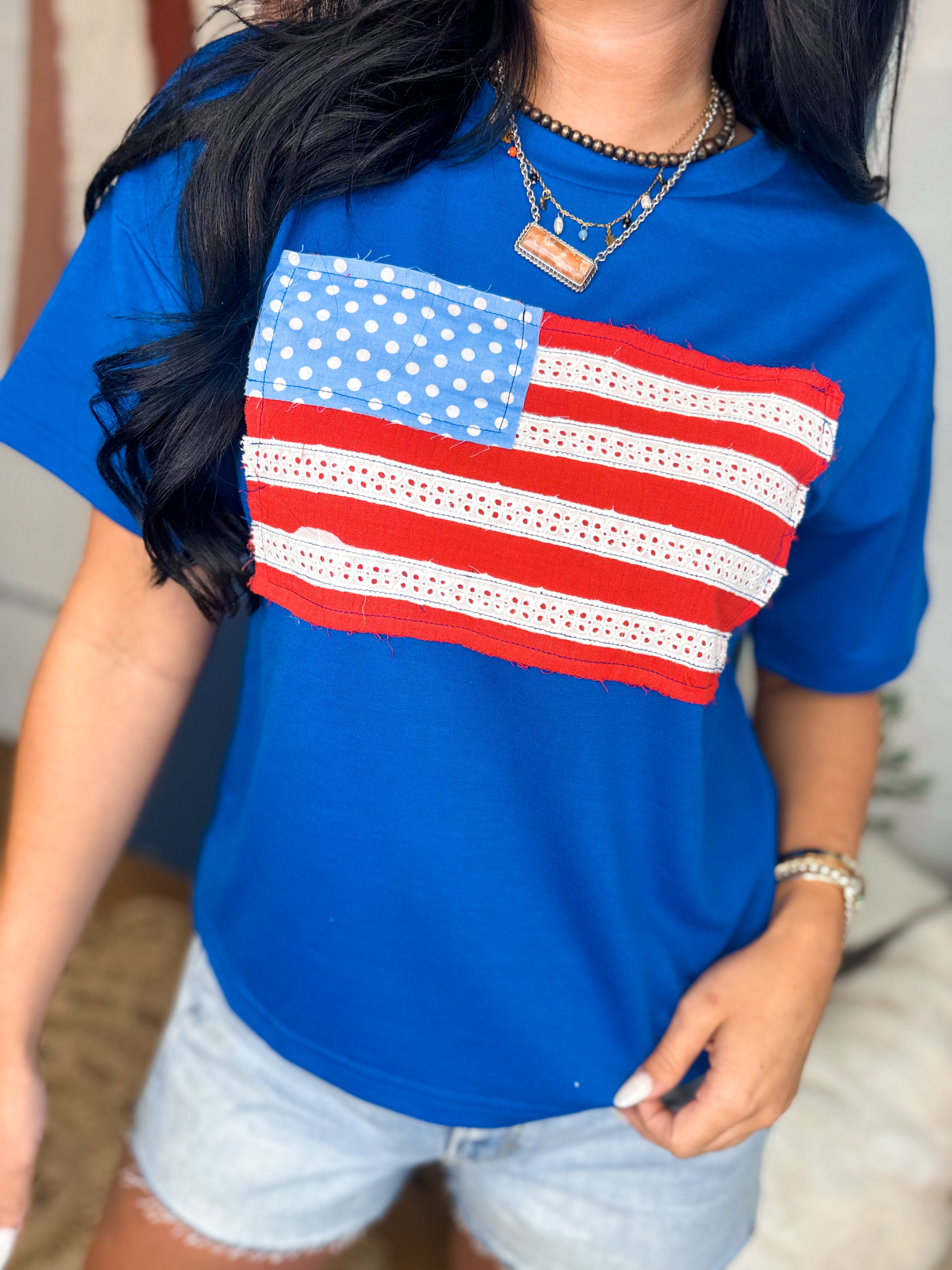 American Flag Patch T-Shirt - Blue - Lace and Grace Boutique