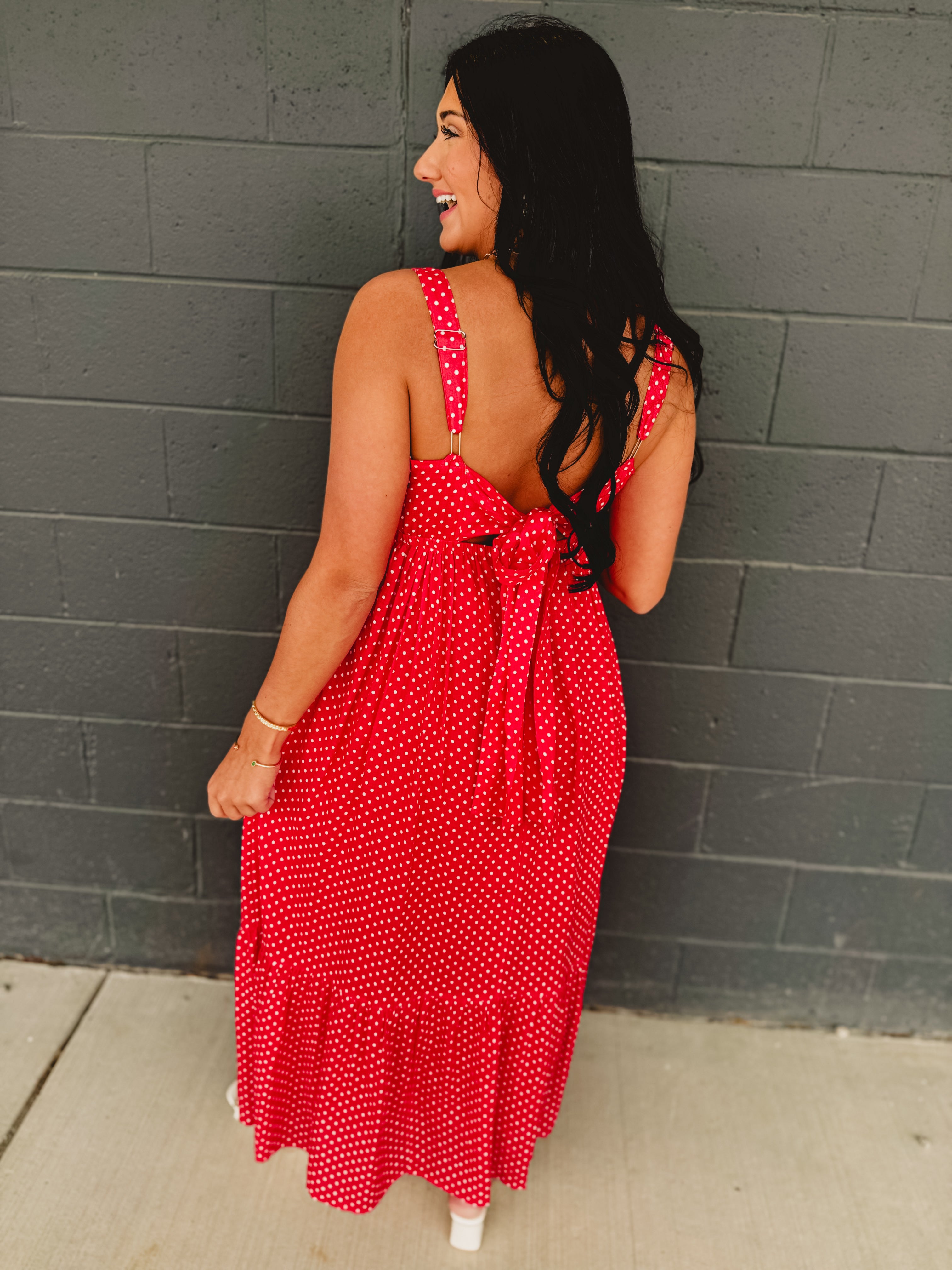 Polka Dot Square Neck Maxi Dress - Chili - Lace and Grace Boutique