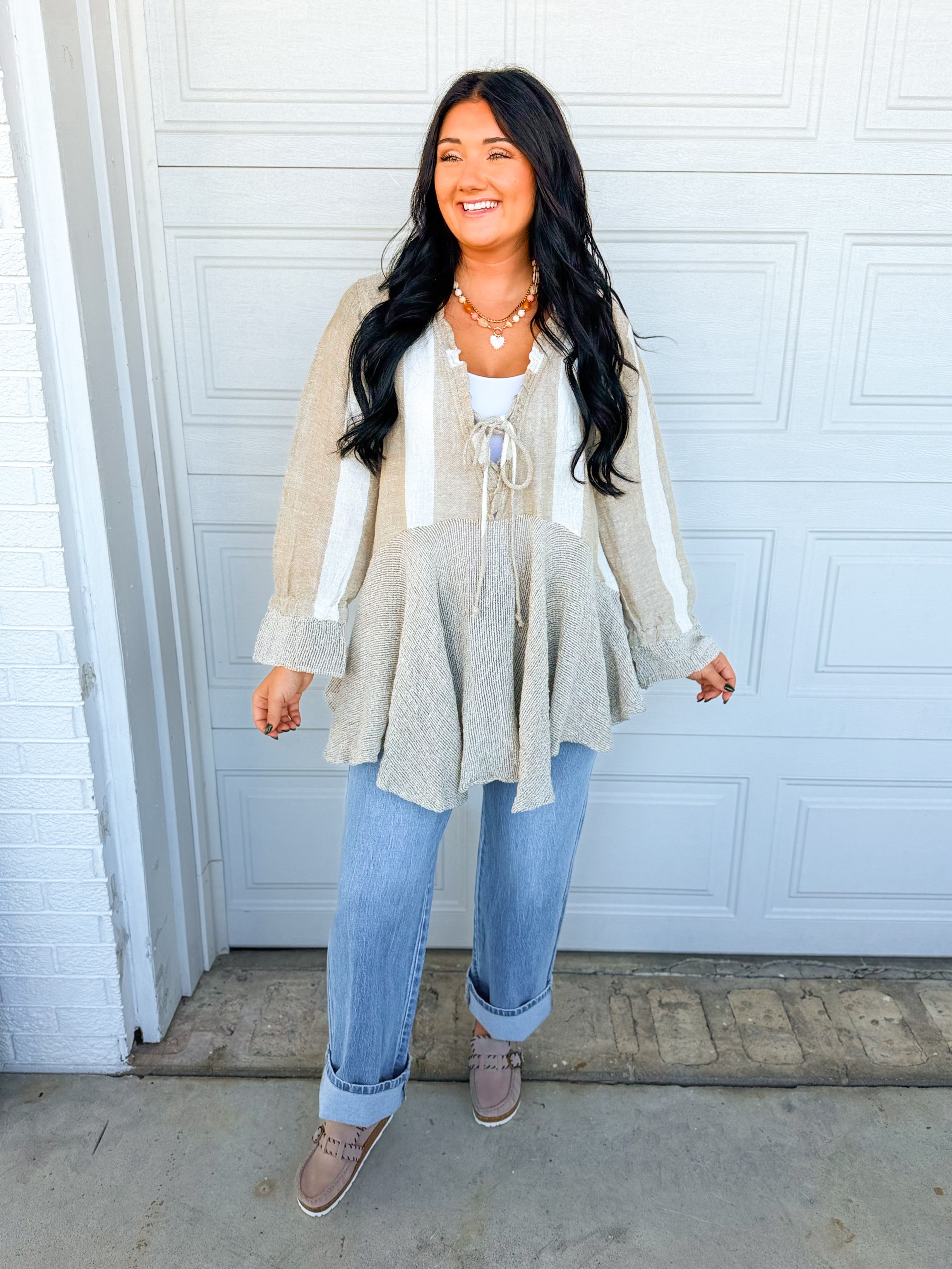 POL Ruffle Detail Mixed Stripe Linen Blouse - Mocha Multi - Lace and Grace Boutique