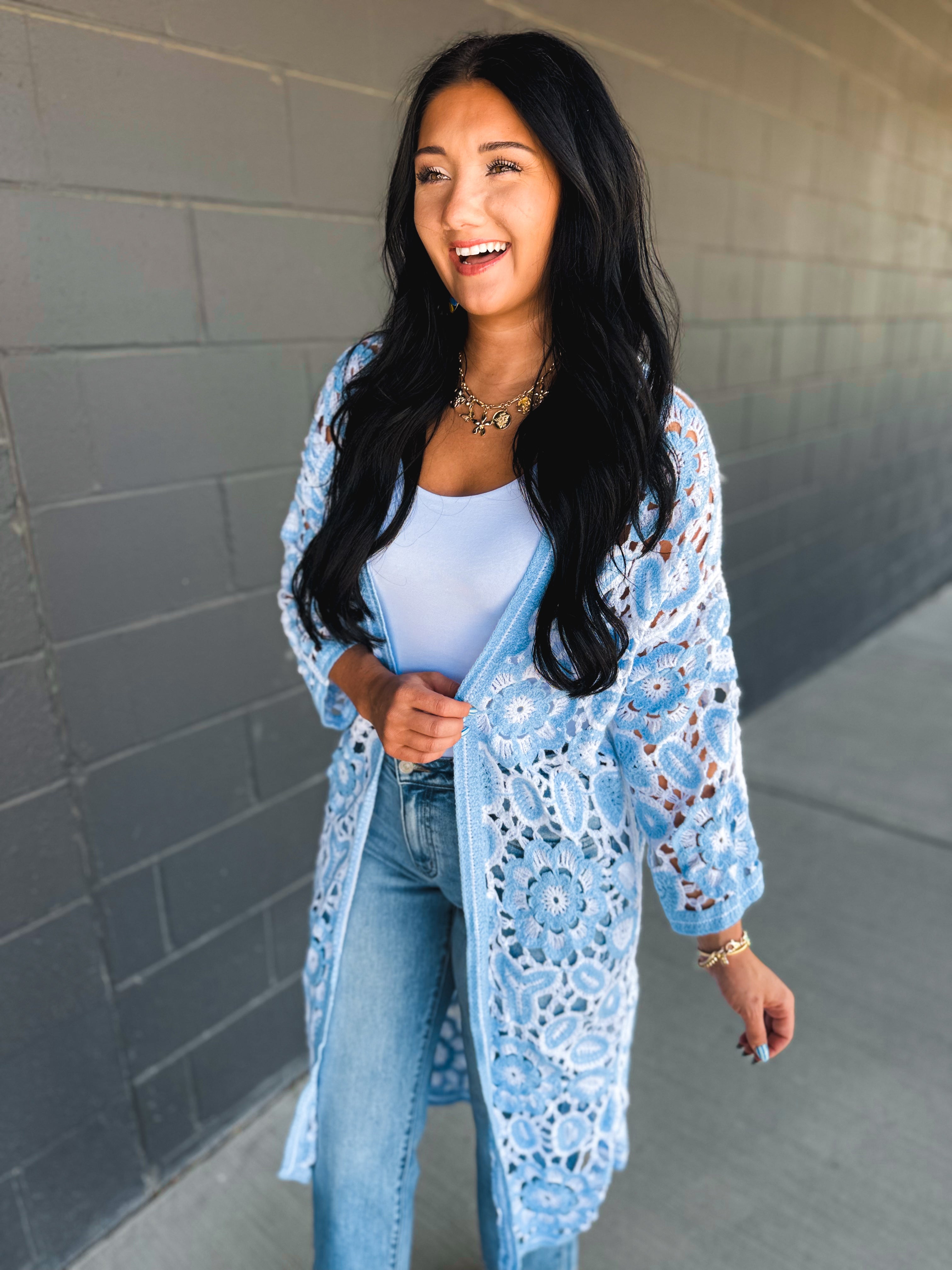 POL Crochet Knit Weave Cardigan - Blue - Lace and Grace Boutique