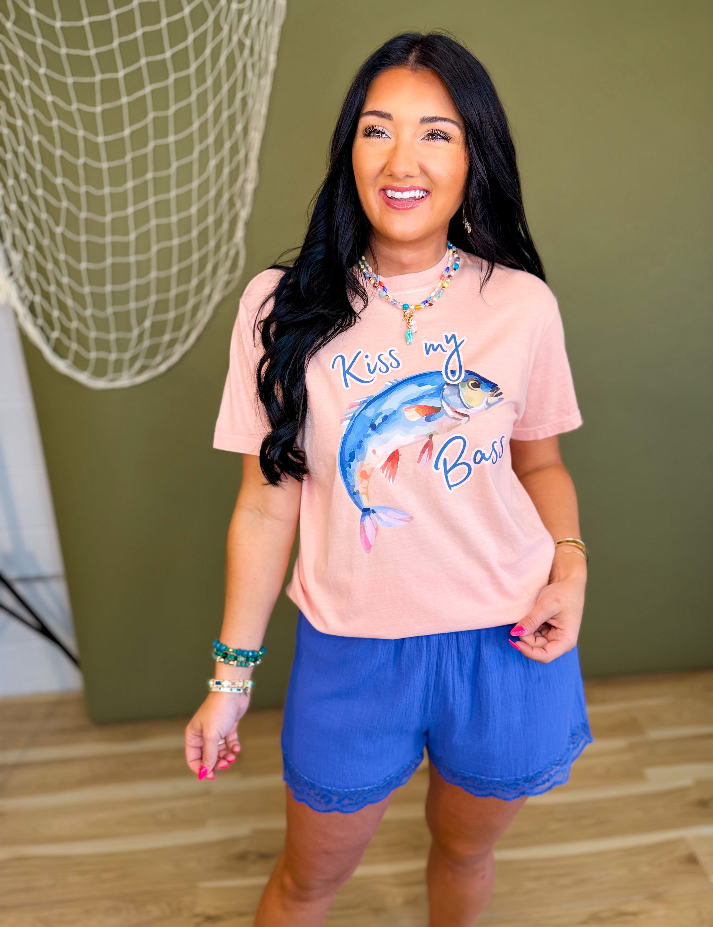 Kiss My Bass Graphic Tee - Peach - Lace and Grace Boutique