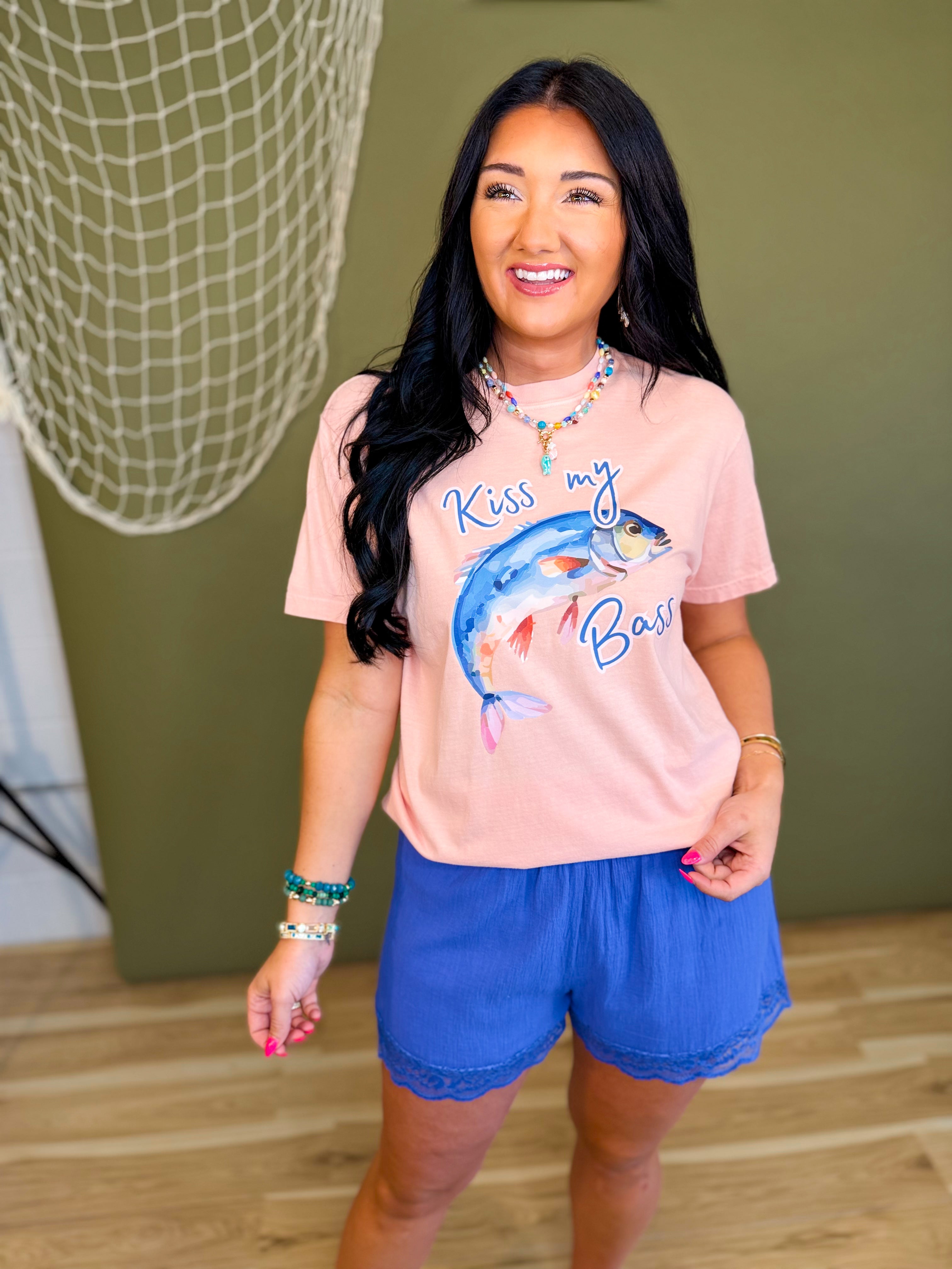 Kiss My Bass Graphic Tee - Peach - Lace and Grace Boutique