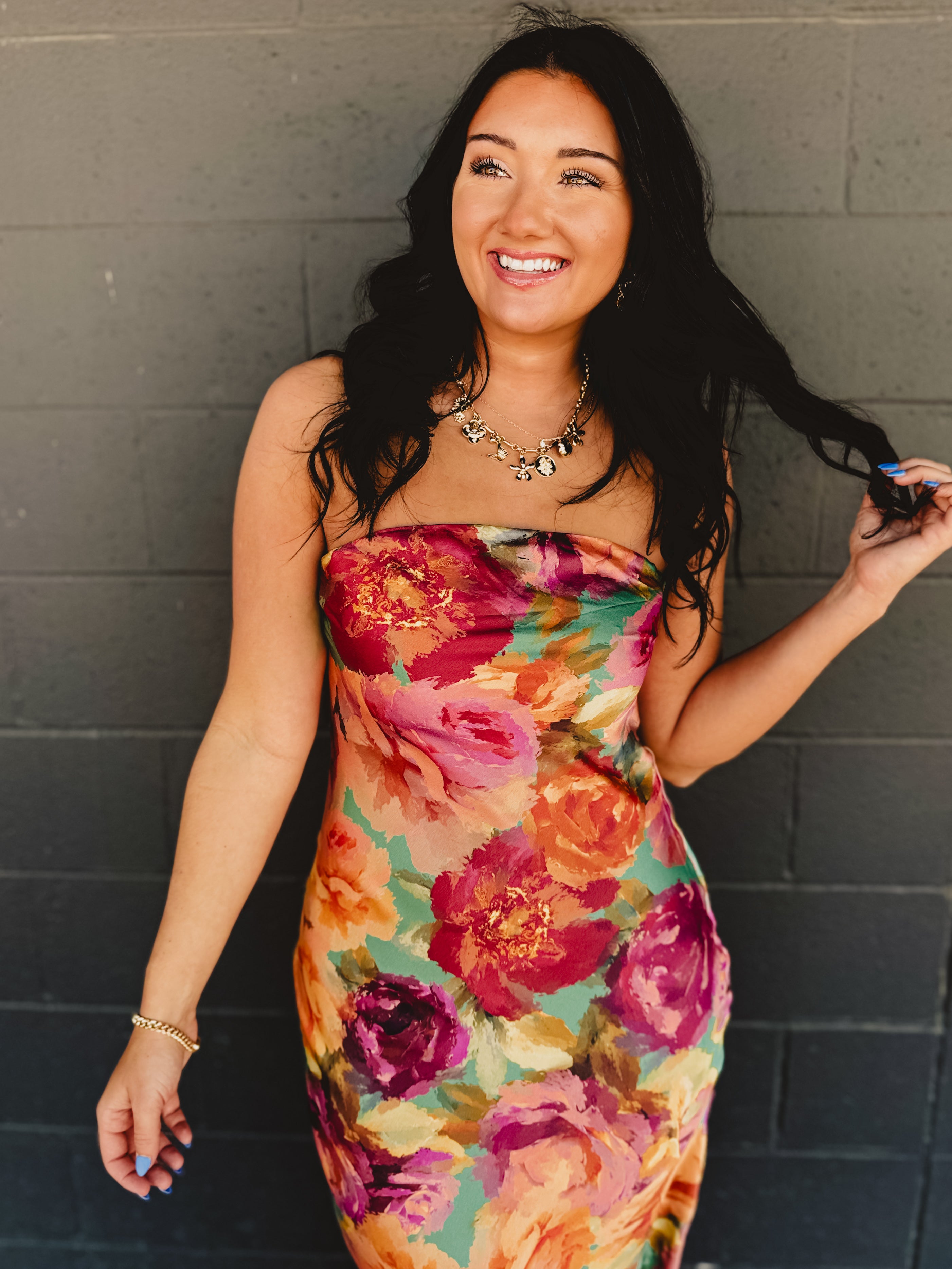 Strapless Bias Cut Satin Maxi Dress - Parisian Floral - Lace and Grace Boutique