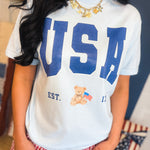 USA Teddy Bear Graphic Tee - Light Blue - Lace and Grace Boutique