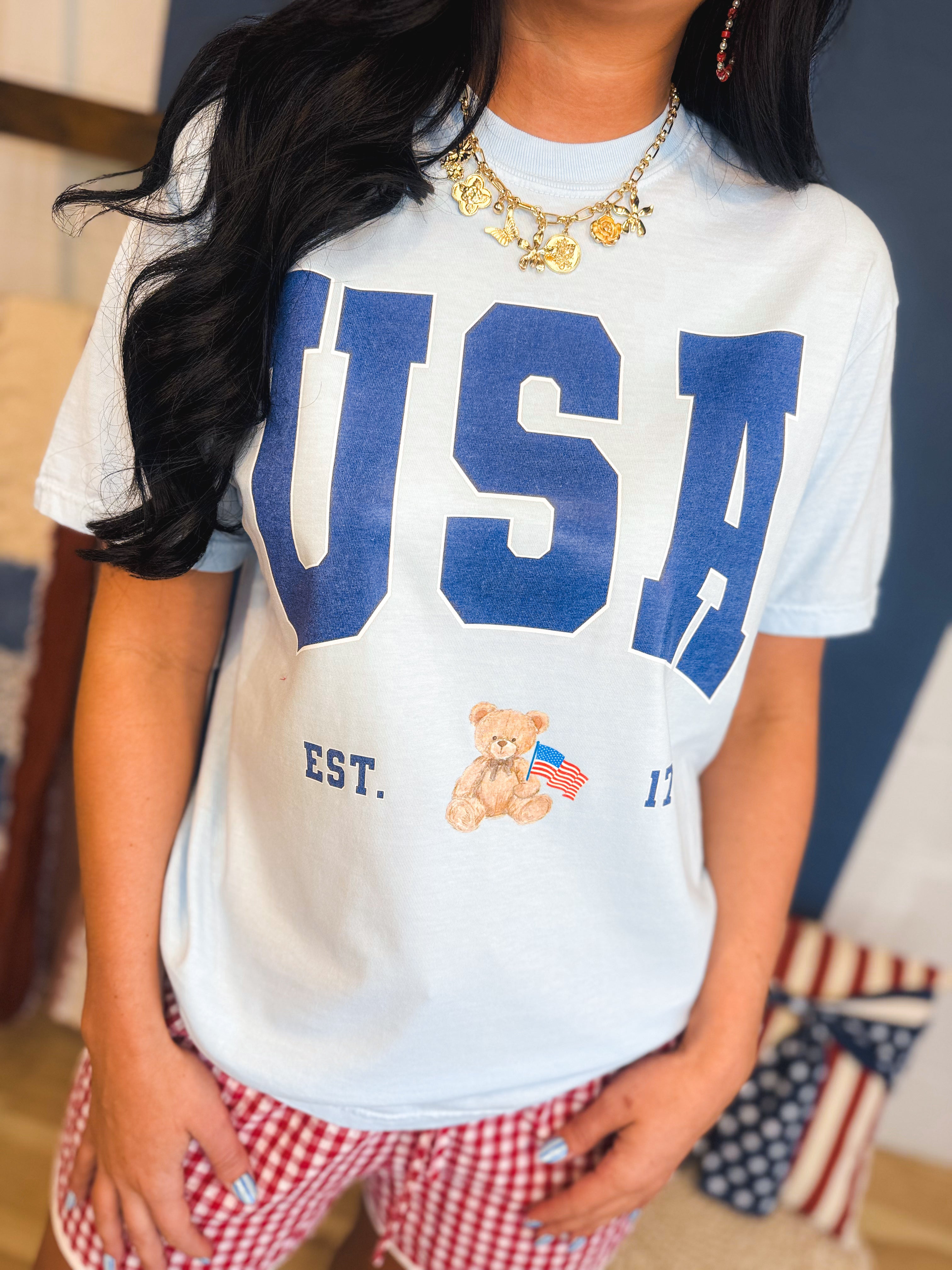 USA Teddy Bear Graphic Tee - Light Blue - Lace and Grace Boutique