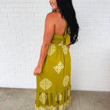 Smocked Border Print Maxi Dress - Olive Palm - Lace and Grace Boutique