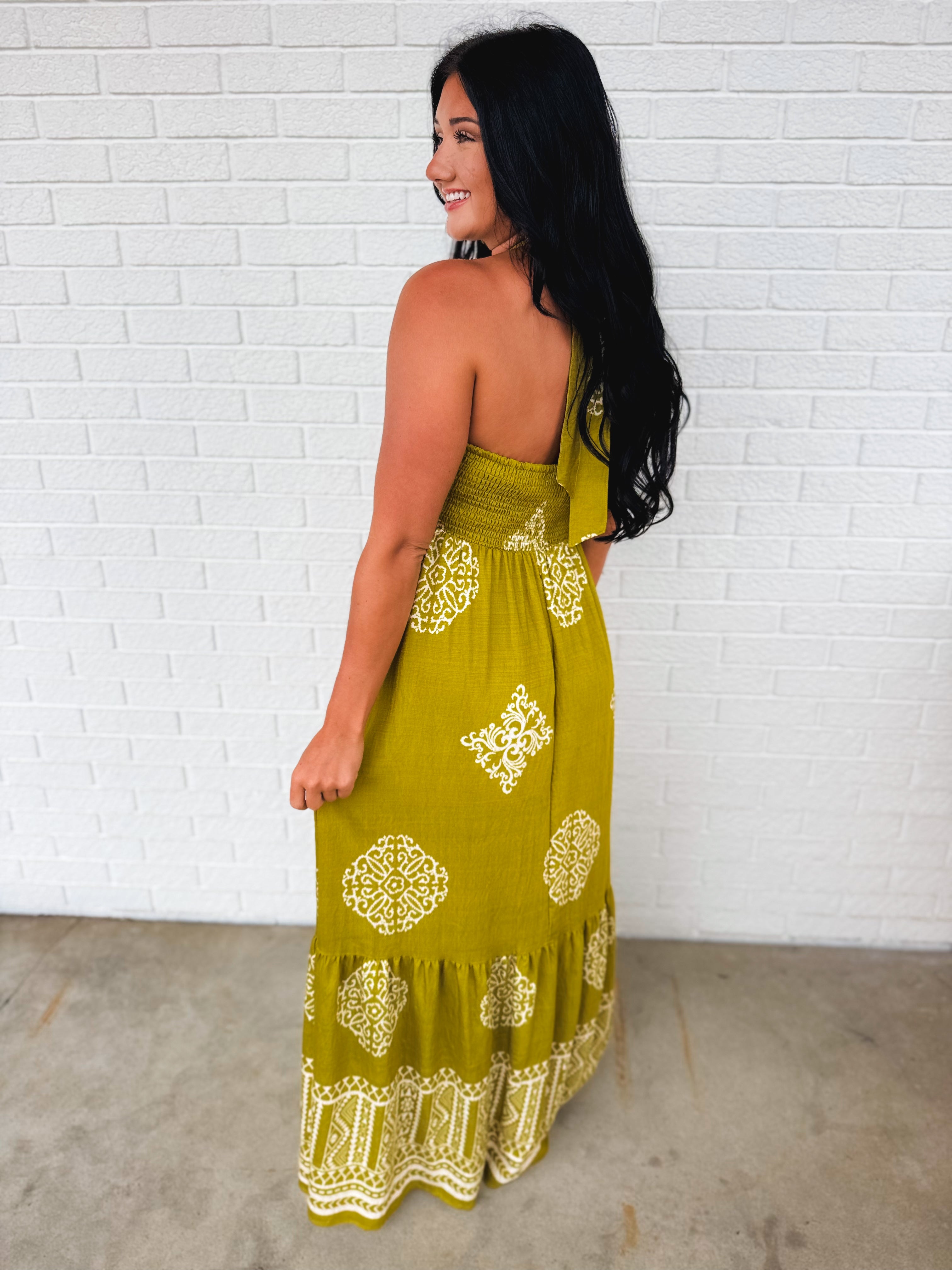 Smocked Border Print Maxi Dress - Olive Palm - Lace and Grace Boutique