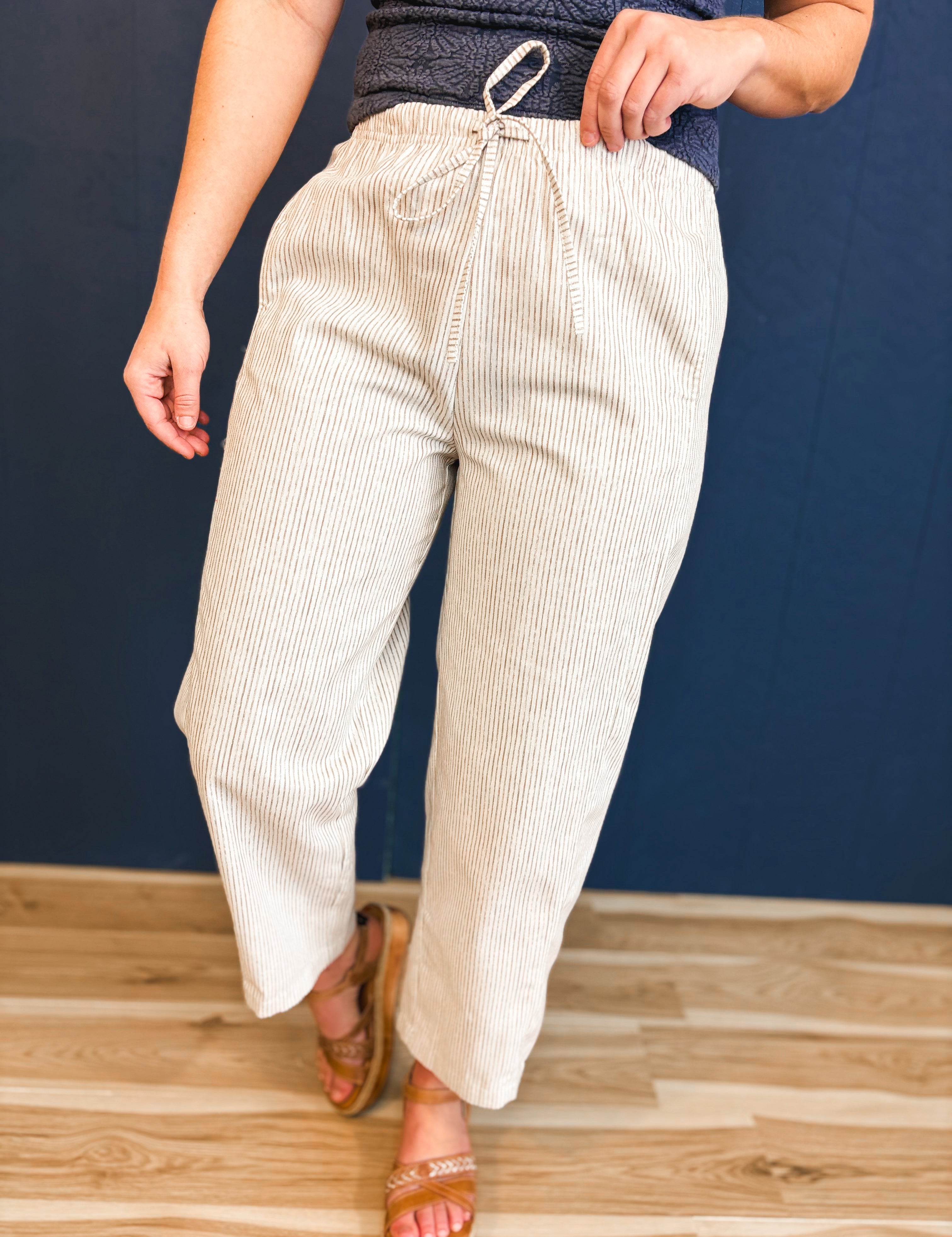 Striped Drawstring Pants - Natural - Lace and Grace Boutique