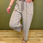 Gingham Print Barrel Fit Utility Pants - Mocha - Lace and Grace Boutique