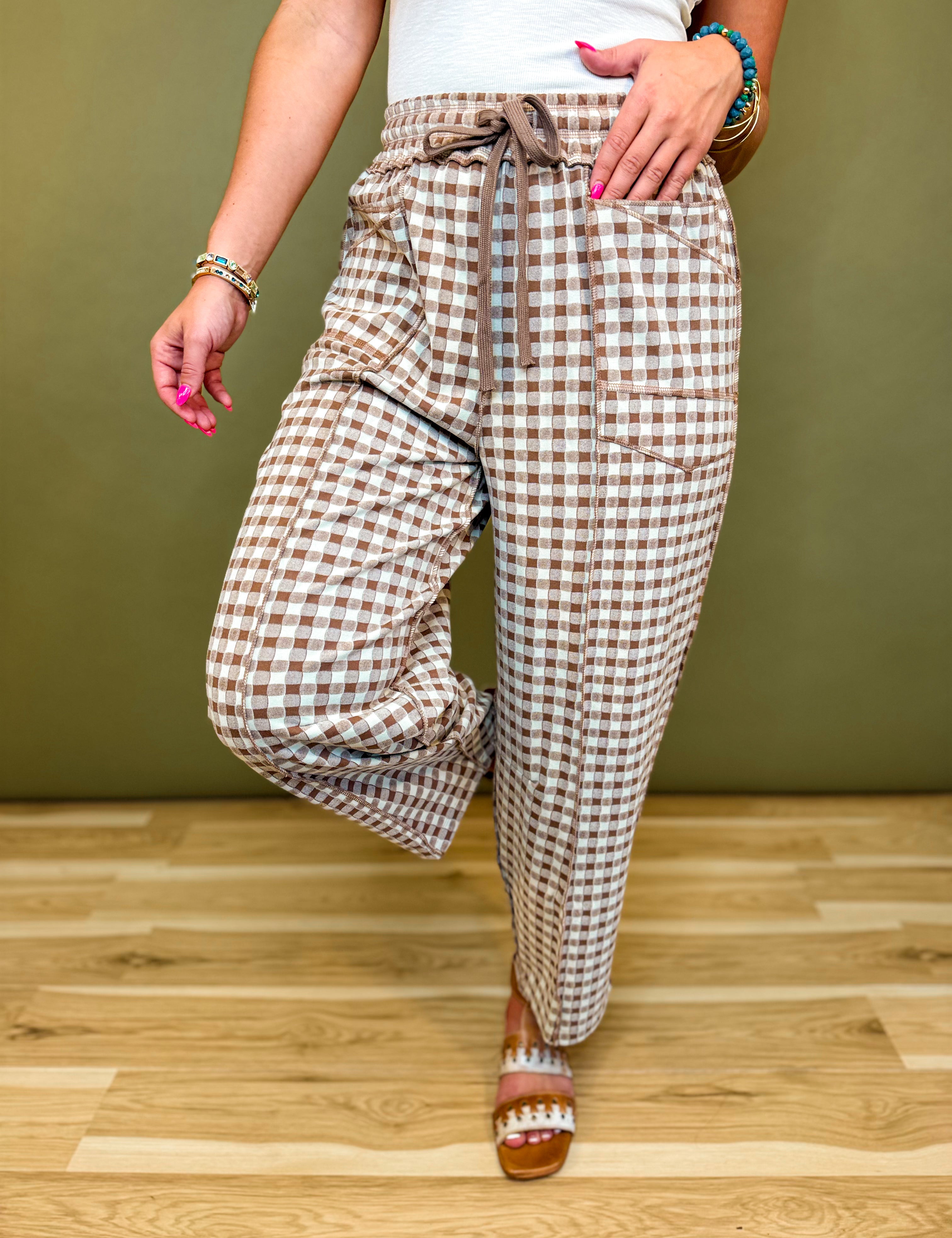 Gingham Print Barrel Fit Utility Pants - Mocha - Lace and Grace Boutique