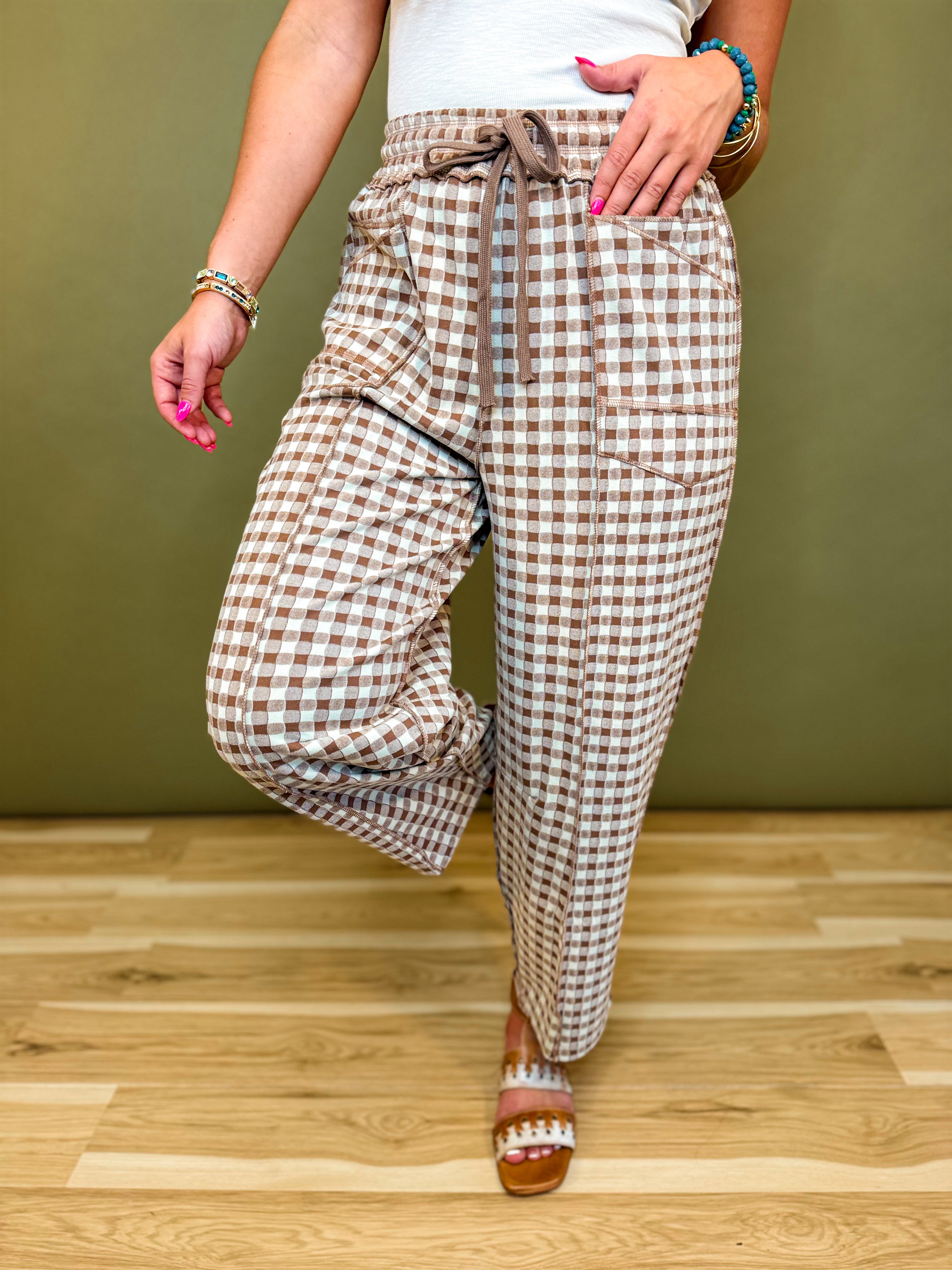 Gingham Print Barrel Fit Utility Pants - Mocha - Lace and Grace Boutique