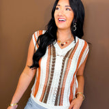 Striped Metallic Detail Knit Sweater Vest - Burnt Orange