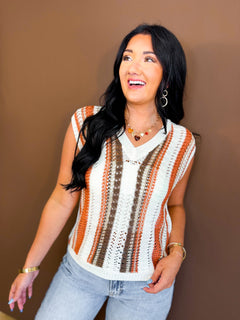 Striped Metallic Detail Knit Sweater Vest - Burnt Orange - Lace and Grace Boutique