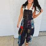 POL Boho Vintage Print Oversized Overalls - Black Multi - Lace and Grace Boutique