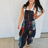 POL Boho Vintage Print Oversized Overalls - Black Multi - Lace and Grace Boutique