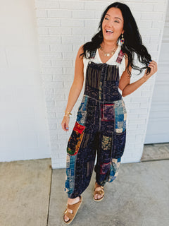 POL Boho Vintage Print Oversized Overalls - Black Multi - Lace and Grace Boutique