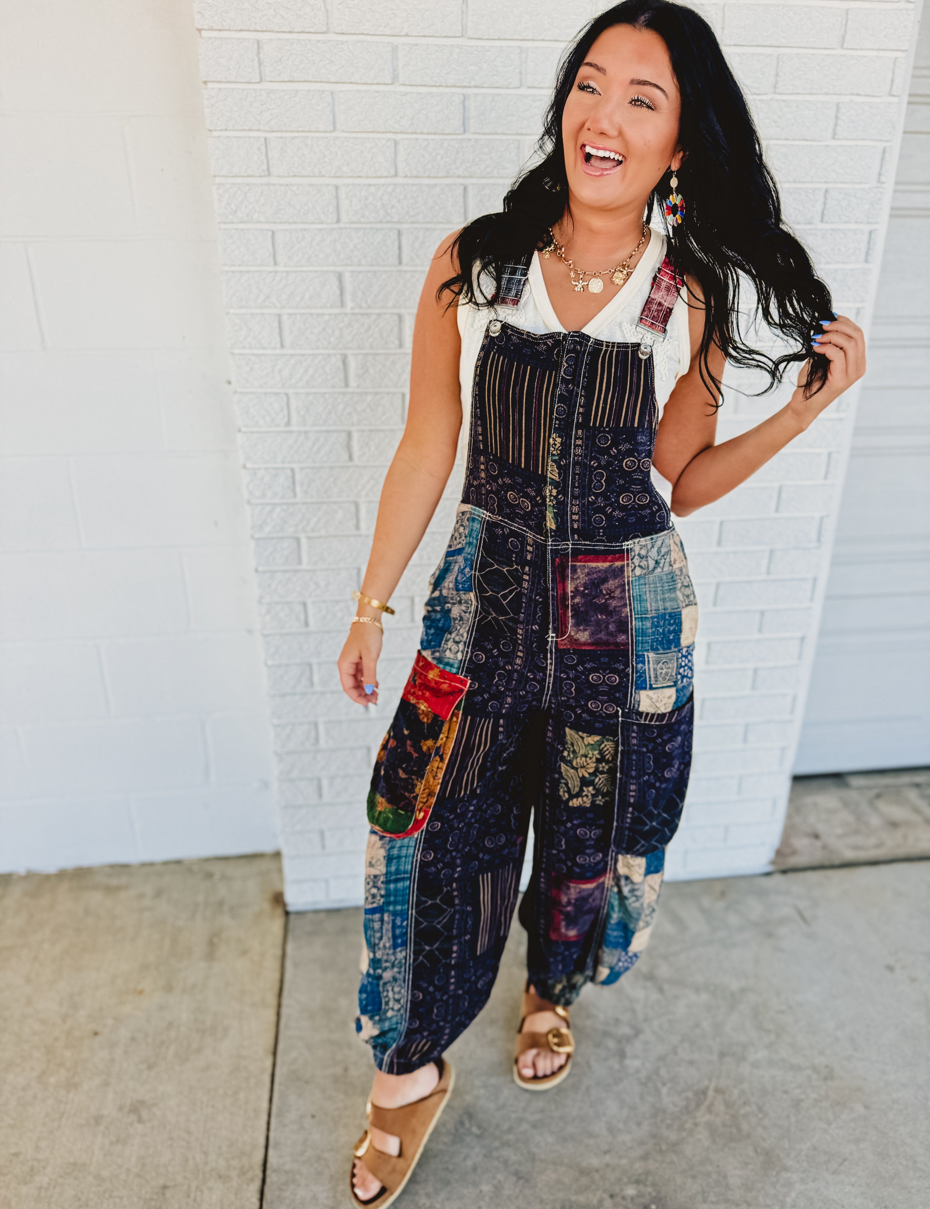 POL Boho Vintage Print Oversized Overalls - Black Multi - Lace and Grace Boutique