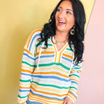 Drawstring Hooded V-Neck Sweater - Orange Multi - Lace and Grace Boutique