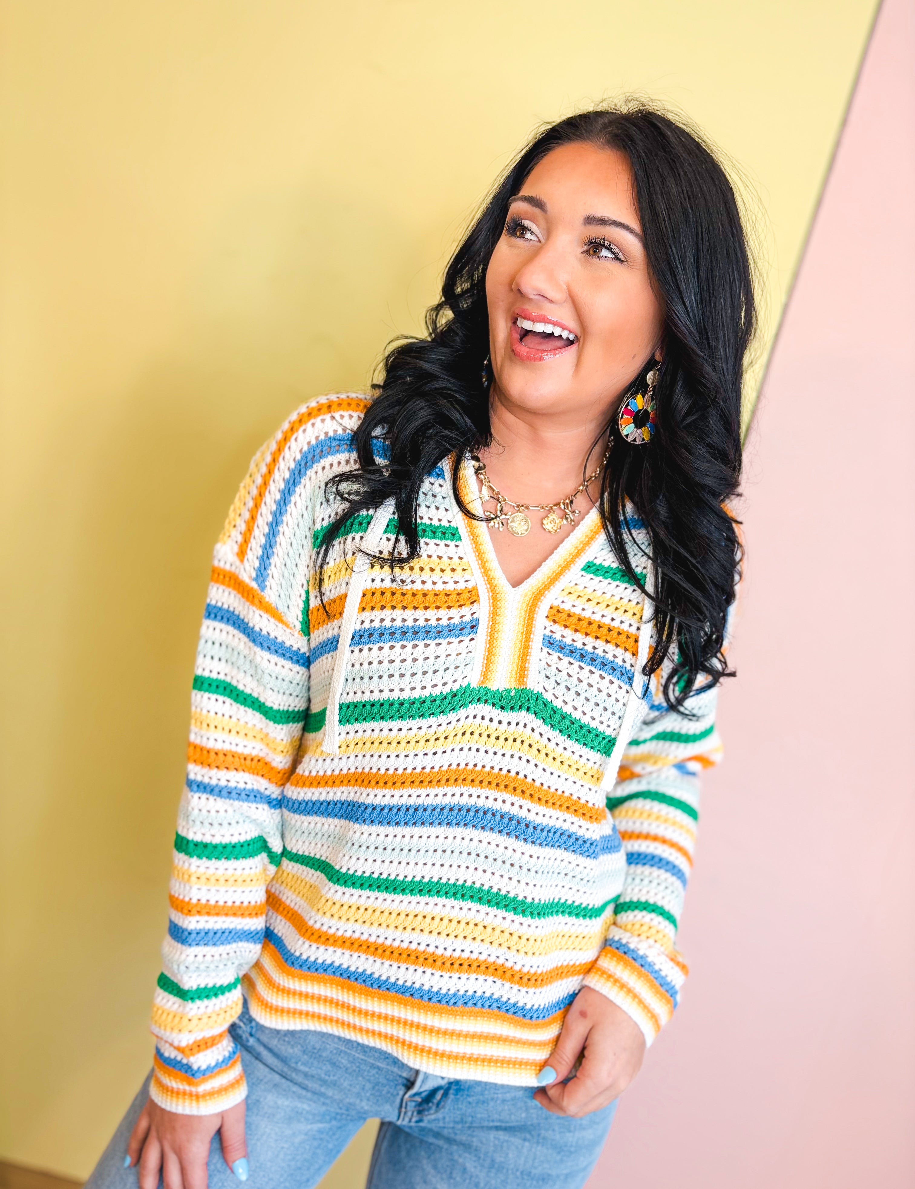 Drawstring Hooded V-Neck Sweater - Orange Multi - Lace and Grace Boutique