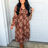 Fall Floral Print Button Up Smocked Midi Dress - Chocolate - Lace and Grace Boutique