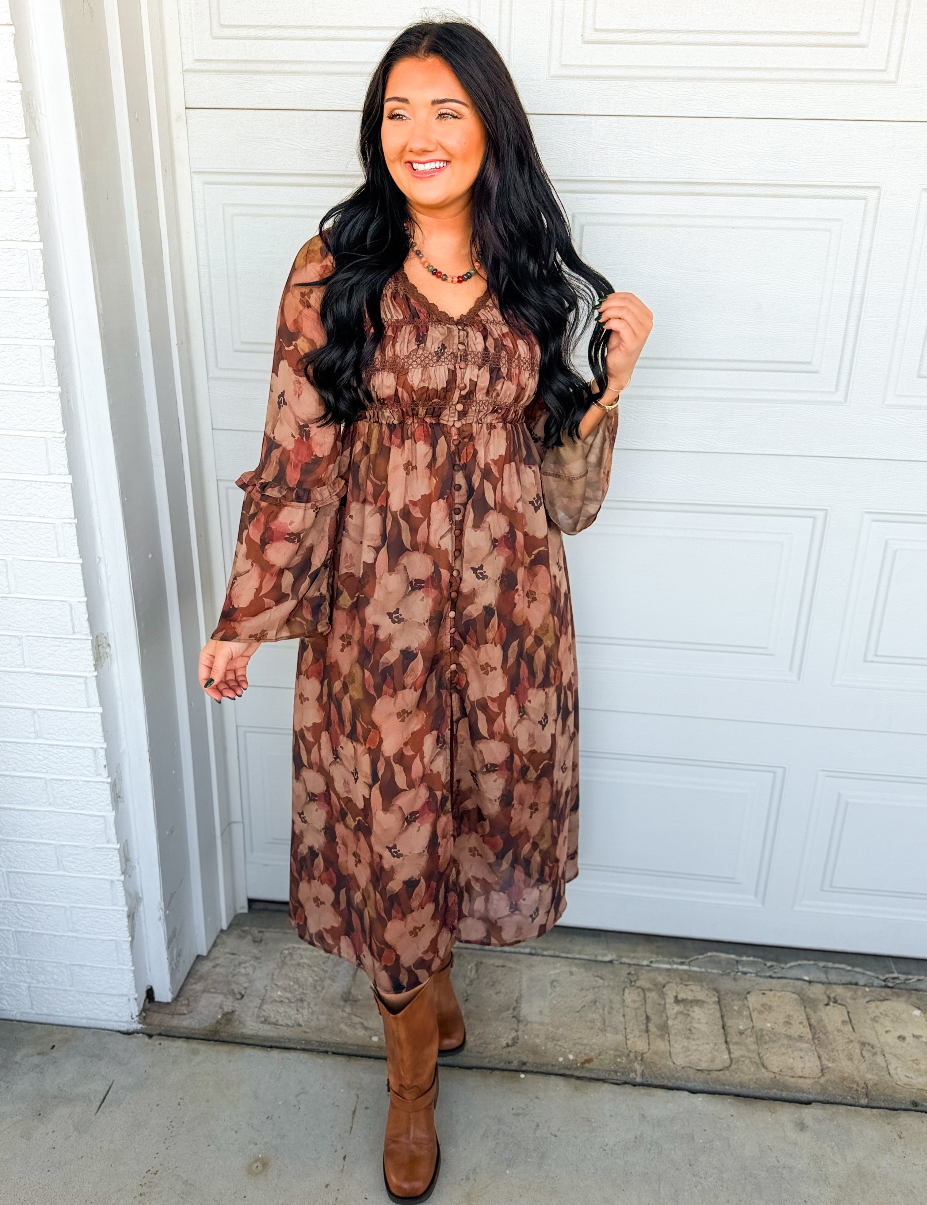Fall Floral Print Button Up Smocked Midi Dress - Chocolate - Lace and Grace Boutique