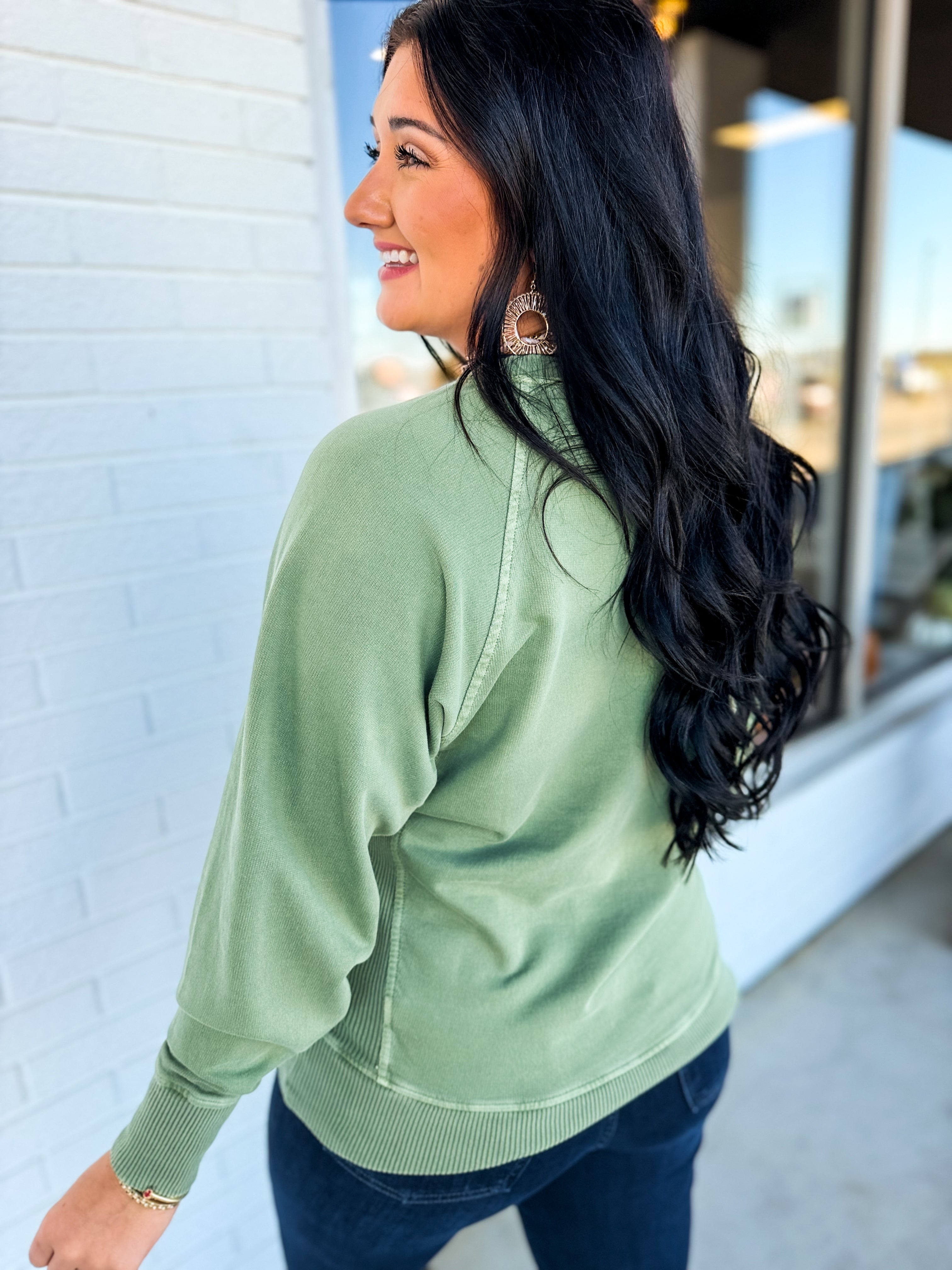 Pigment Dyed French Terry Pullover - Light Olive - Lace and Grace Boutique